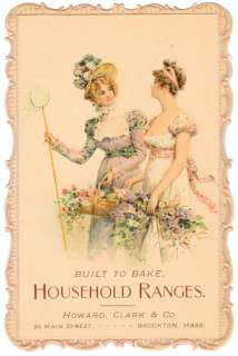 TRADE CARD U.S. CHROMO HOUSEHOLD RANGES WOMEN w/FLOWERS  