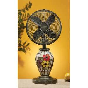   Floral Glass Mosaic Oscillating Lighted Indoor Table Top Fan by Gordon