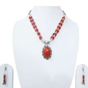   Fashion Necklace Earring Set Silver Tone Red Coral Semi Precious Stone