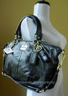   15960 Madison Black Leather Sophia Satchel Handbag $358 Gift Authentic