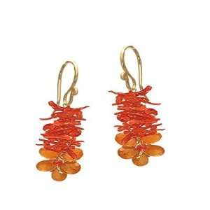 Handmade Clusters of Red Coral and Mandarin Garnet Dangle Earrings 14k 