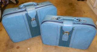   Two Matching Vintage 70s Pleather Blue Suitcases***Have keys too