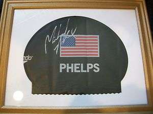 Michael Phelps Autographed Black Speedo Swim Cap FRAMED  