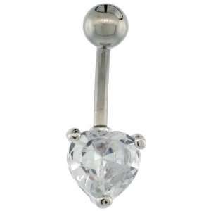   Button Ring w/ 8mm Clear Heart shaped CZ Stone (Navel Piercing Body