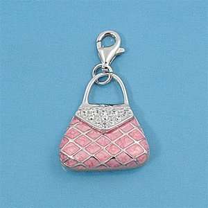 Sterling Silver Pendant   Pink Purse With Clasp   Clear Cubic Zerconia 