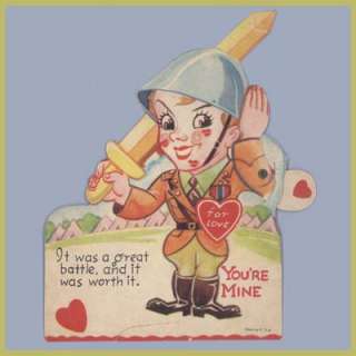 Vintage Valentines Day Card SOLDIER Battle SWORD 1940s  