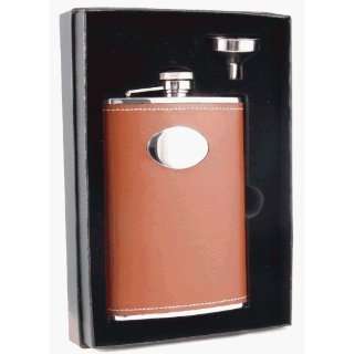   Brown Leather Wrapped 8 oz Stainless Steel Flask Gift Set w/ funnel