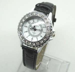   wristwatches quartz watch crystal womens watches black leather band