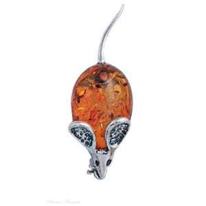    Sterling Silver Honey Cognac Amber Mouse Animal Brooch Pin Jewelry