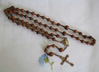 1800s ROSARY CARVED WOOD BEADS PUFFY HEART MEDAL FRANCE  