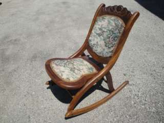 ANTIQUE FOLDING WOOD ROCKER   TAPESTRY ROCKING CHAIR   ESTATE AUCTION 
