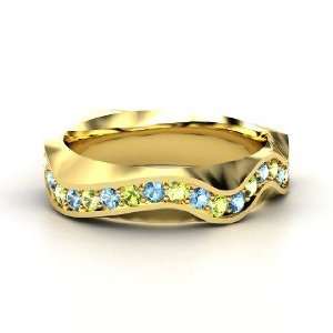    Wave Band, 14K Yellow Gold Ring with Peridot & Blue Topaz Jewelry