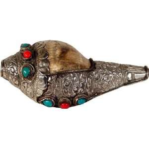  Tibetan Silver Encrusted Tantric Dun Conch Shell Trumpet 